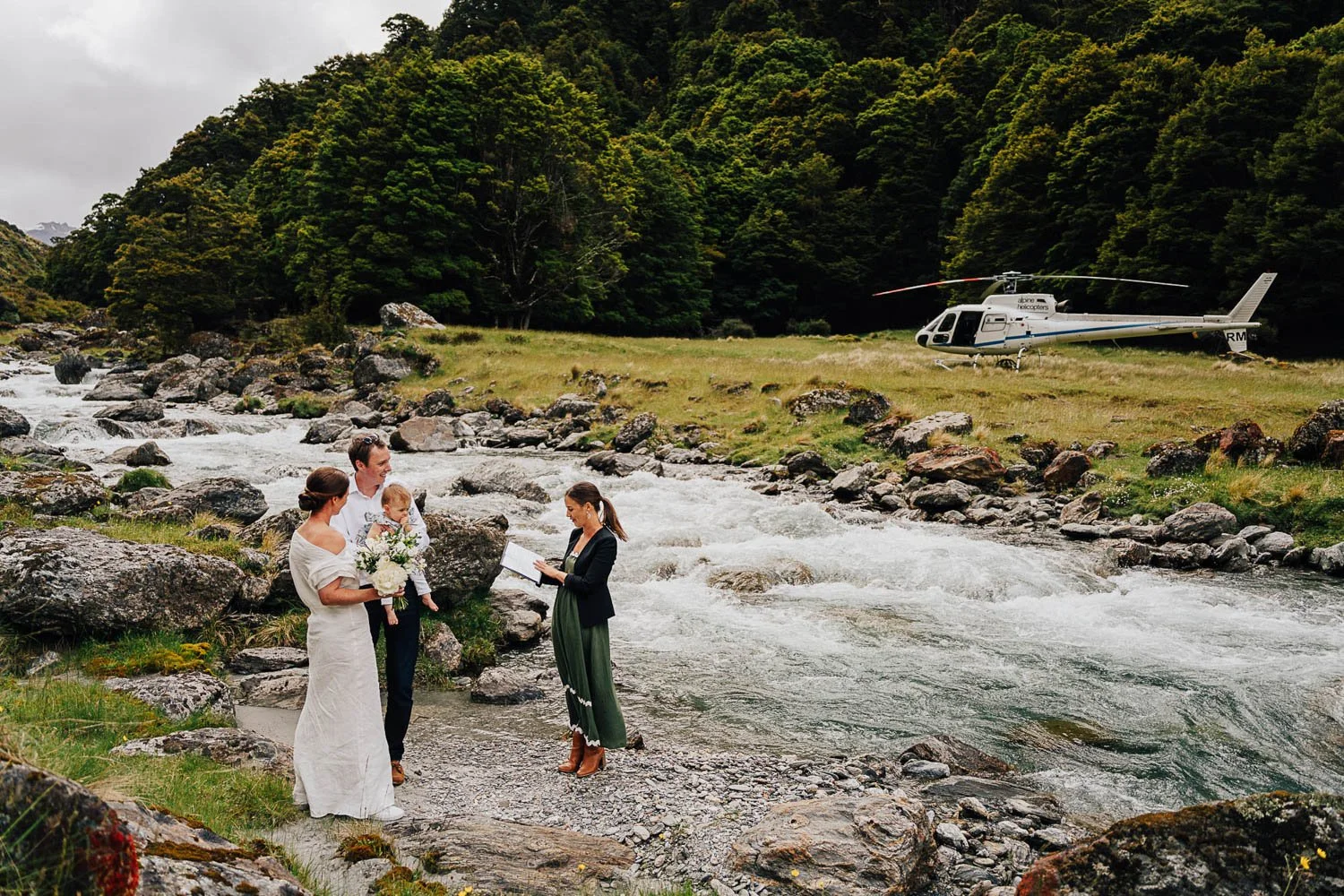 Heli elopement by a river on Minaret Station, Wānaka. 