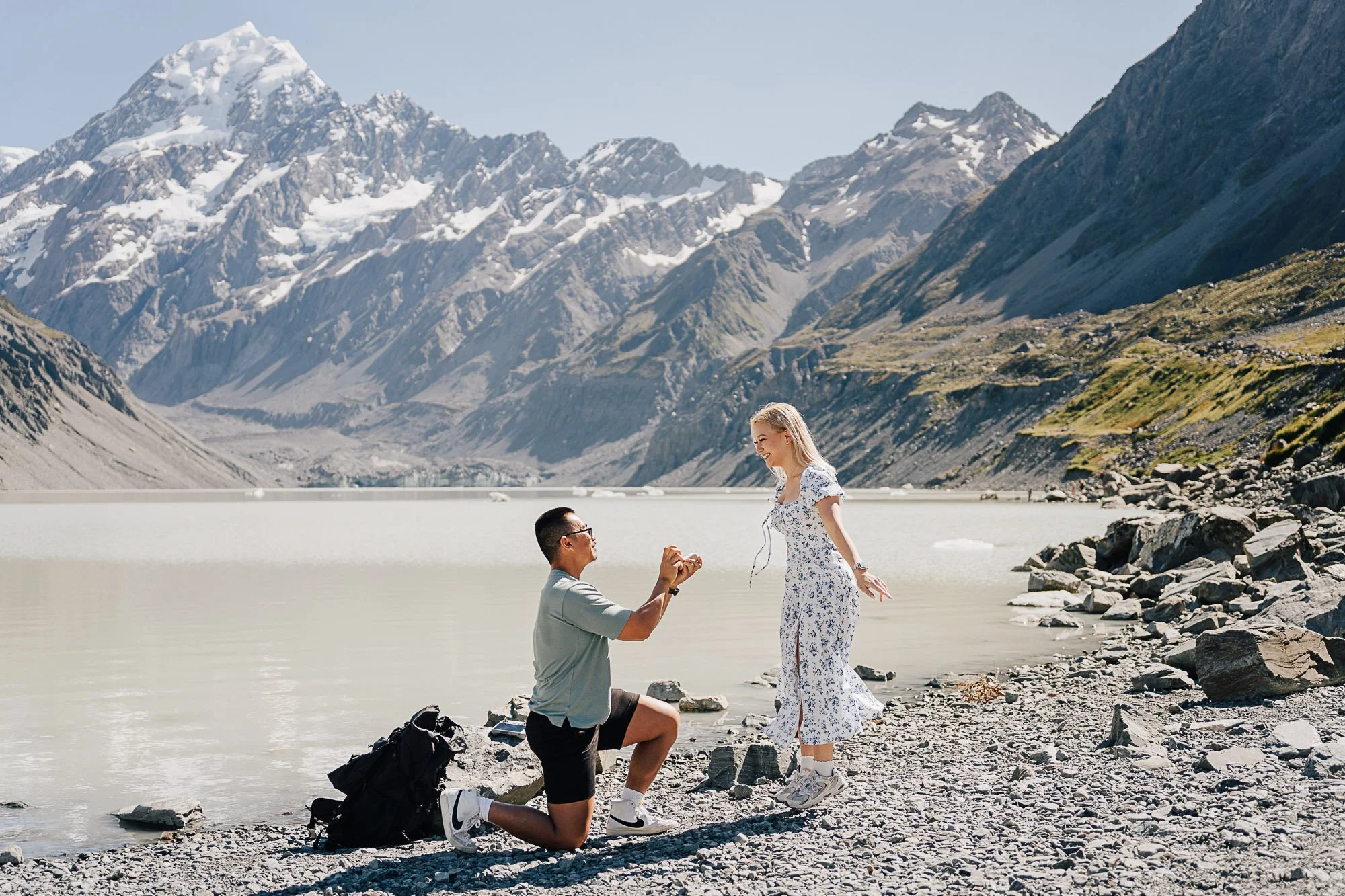 Surprise proposal at Hooker Lake walking track, Mt Cook.